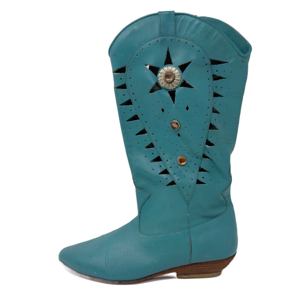 Vintage 80s Concho Stoned Southwestern Cowgirl Boots 6 / 5.5 Turquoise Leather - Picture 2 of 15